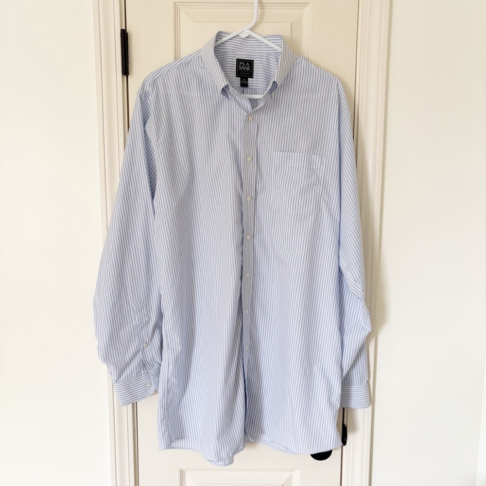 Jos a. Bank men's blue stripe dress shirt 17 - 37 travelers collection